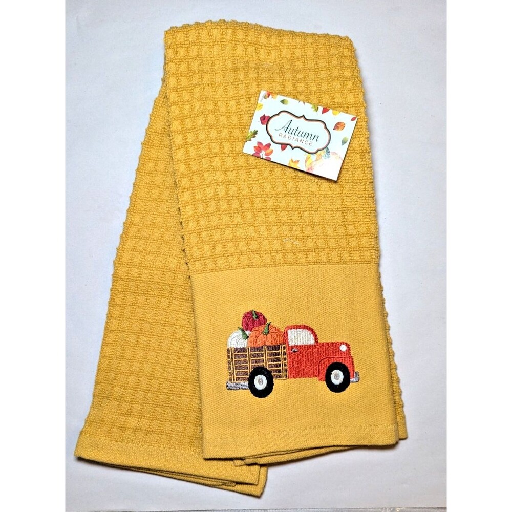 Red Truck Pumpkins Kitchen Towels 2-pc Embroidered Mineral Yellow Cotton Gift
